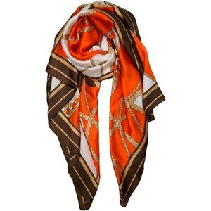 Women  Orange Chain Long Stain Mulberry Silk Shawl Lightweight Sunscreen Scarf